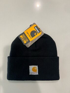 Carhartt Black Knit Cuffed Beanie with Yellow Logo Patch